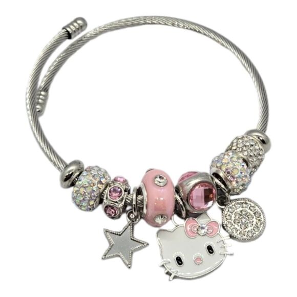 Hello Kitty Beaded Charm Bracelet Pink Rhinestone Silver Heart Bow Cat Jewelry - Picture 7 of 7